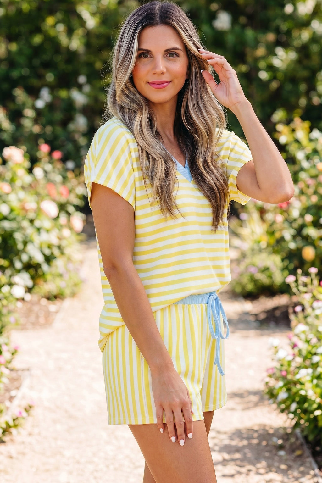 Yellow Stripe Colorblock Trim V Neck Tee Drawstring Elastic Waist Short Set