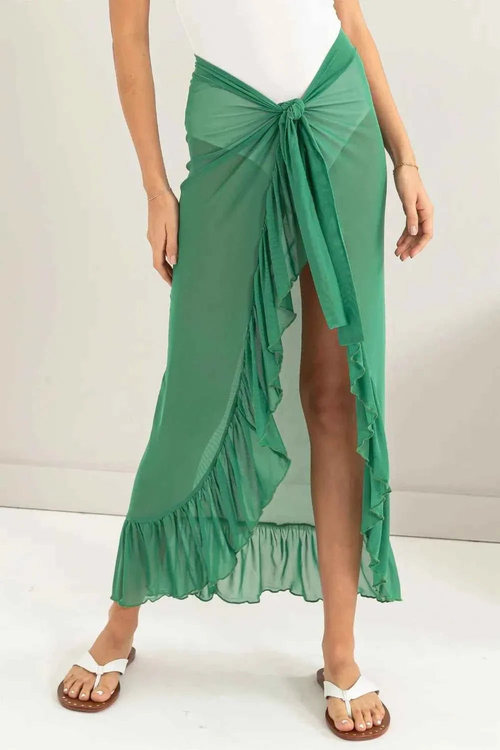 Ruffle Trim Sarong Cover-Up Skirt with Tie Front