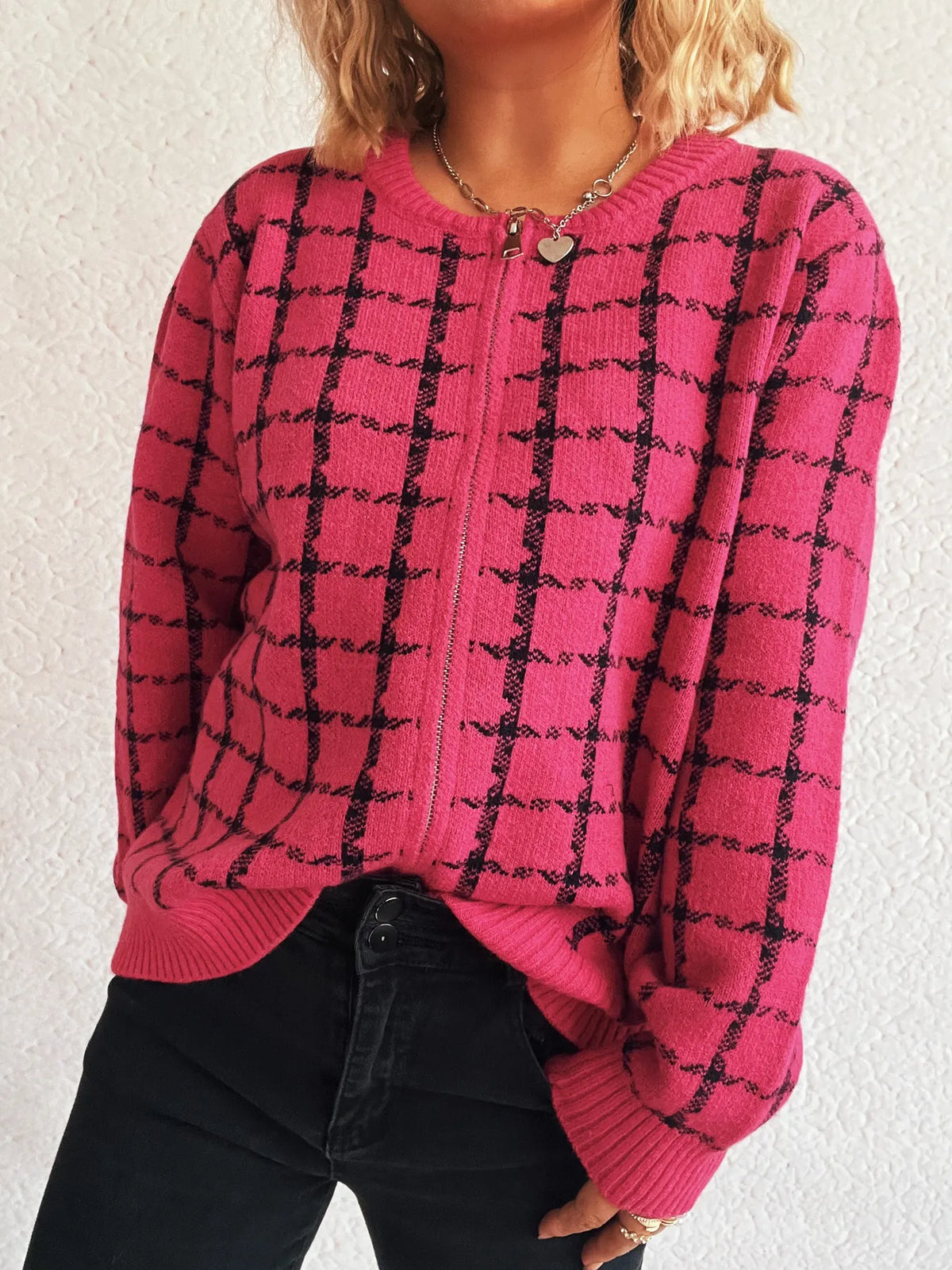 Plaid Zip-Up Cardigan with Gentle Stretch