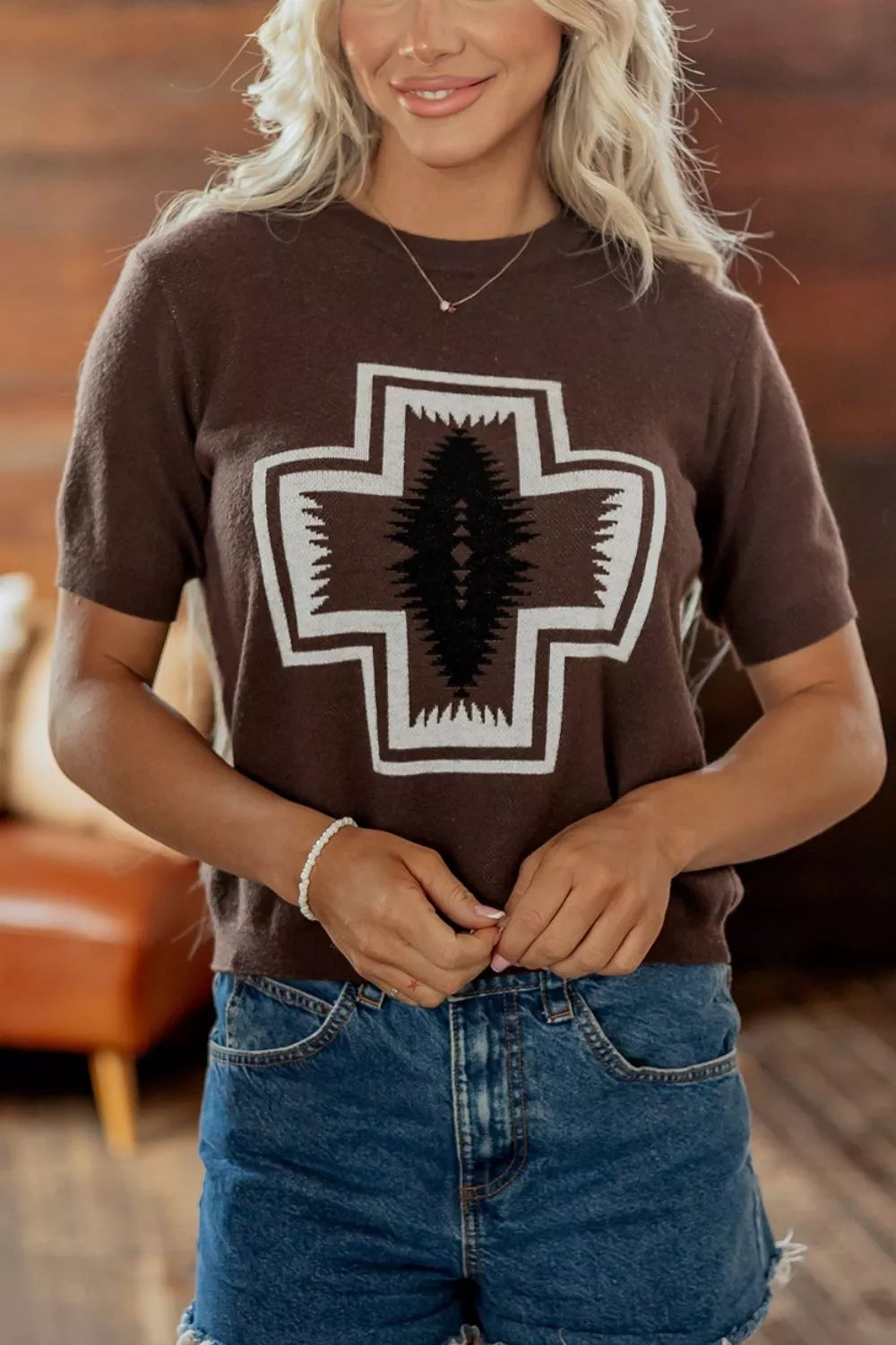 Western Graphic Short Sleeve Knit Casual Sweater