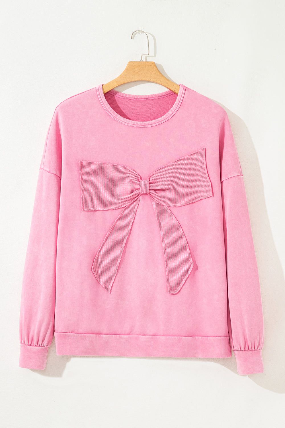 Plus Size Waffle Bowknot Patchwork Mineral Wash Sweatshirt