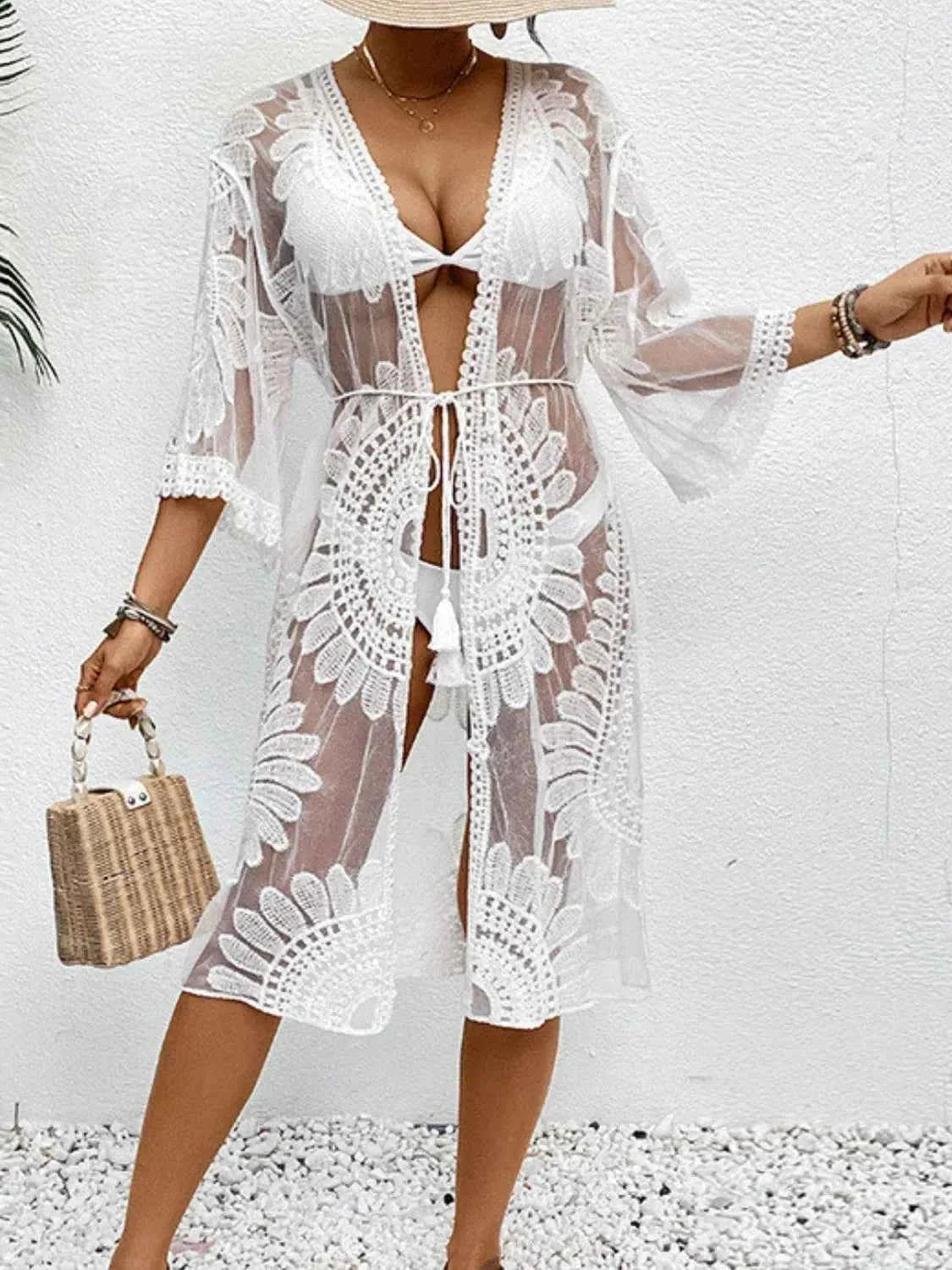 Lace Open Front Longline Kimono Cover-Up