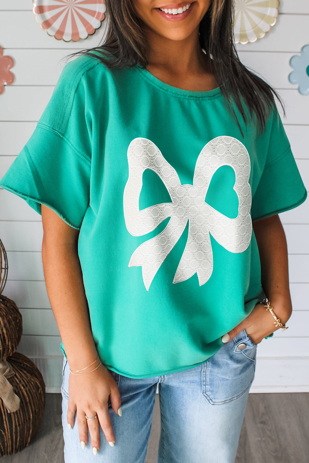 Sea Green Lace Bow Raw Edge Drop Shoulder Casual T Shirt