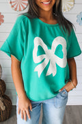 Sea Green Lace Bow Raw Edge Drop Shoulder Casual T Shirt