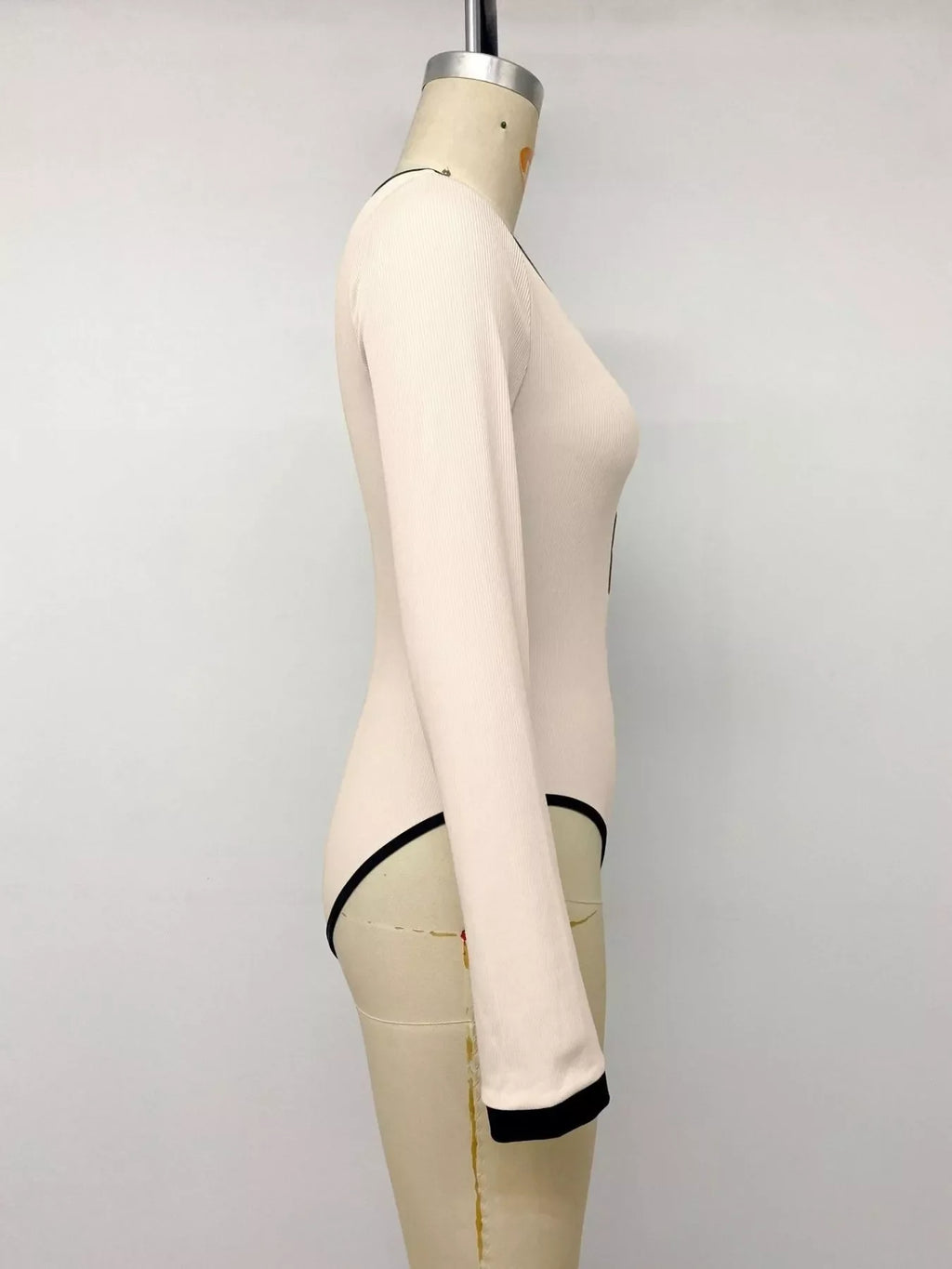 Ribbed V-Neck Long Sleeve Bodysuit with Contrast Trim