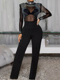 Rhinestone Embellished Mesh Long Sleeve Jumpsuit