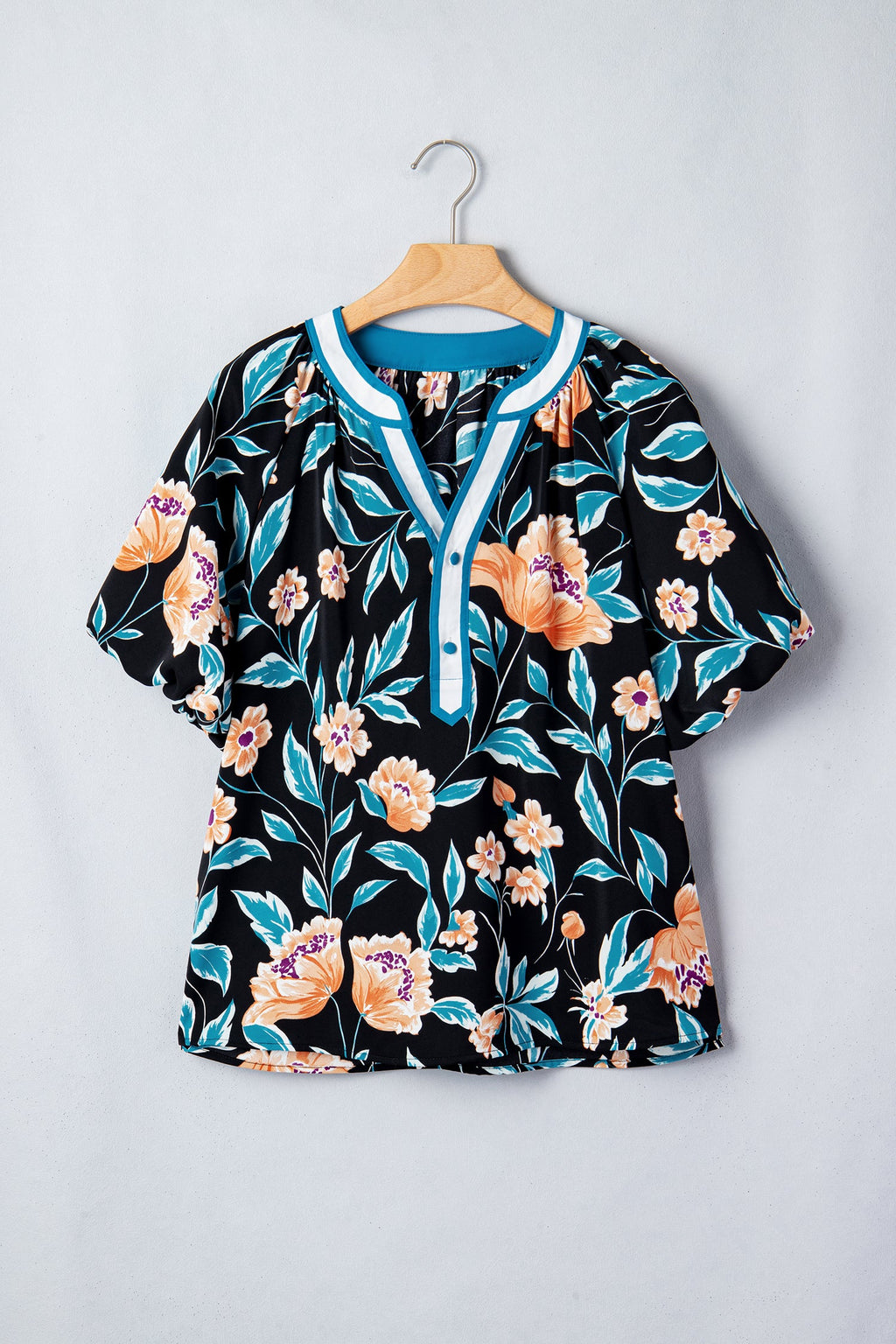 Black Floral Short Bubble Sleeve Buttoned Notched Neck Blouse