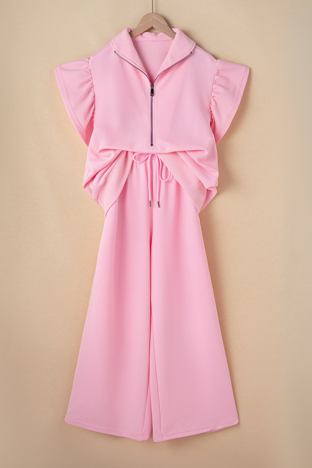 Textured Ruffle Half Zip Top and Pants Set