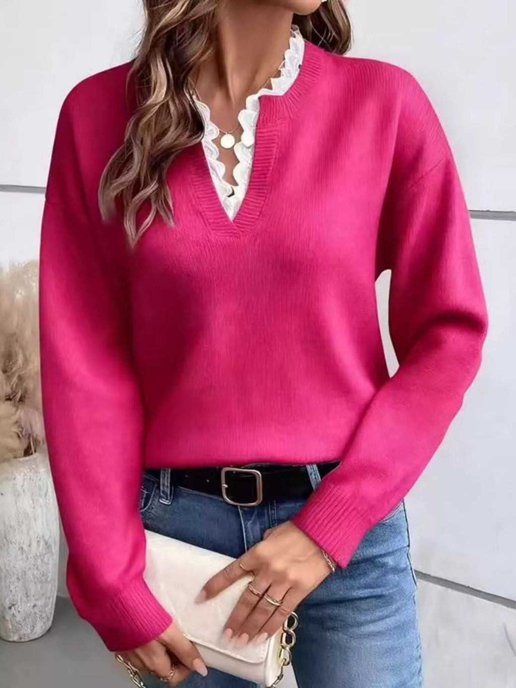 Lace Trim Dropped Shoulder Sweater