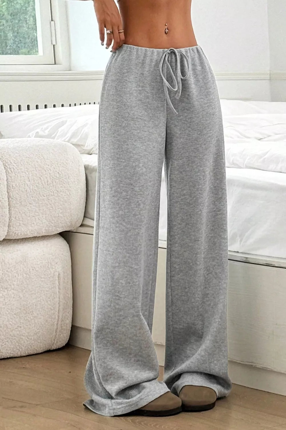 Ribbed Knit Drawstring Wide Leg Pants