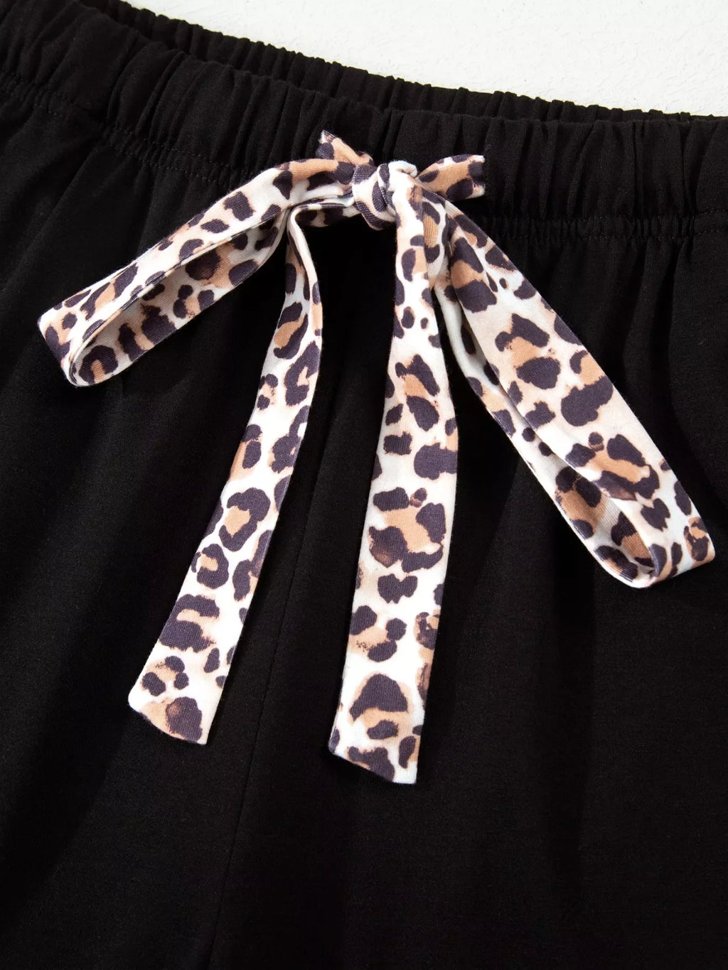 k Leopard Patchwork Trim Lapel Shirt Drawstring Shorts 2pcs Pajama Set