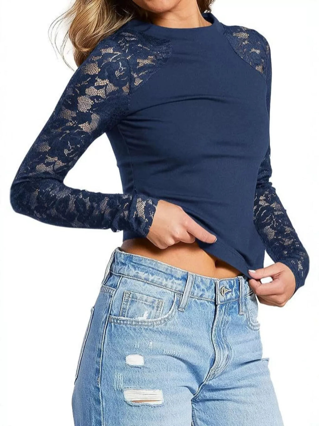 Lace Long Sleeve Round Neck T-Shirt