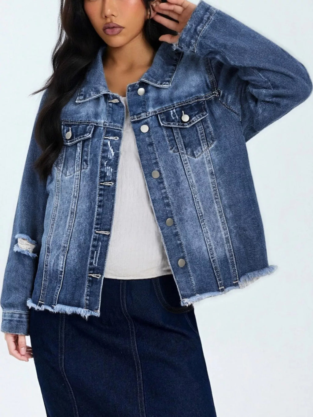 Distressed Raw Hem Denim Jacket