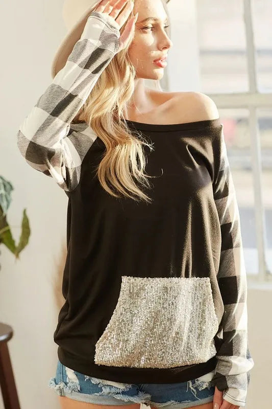 Off-Shoulder French Terry Top with Sequin Pocket – Buffalo Check