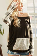 Off-Shoulder French Terry Top with Sequin Pocket – Buffalo Check