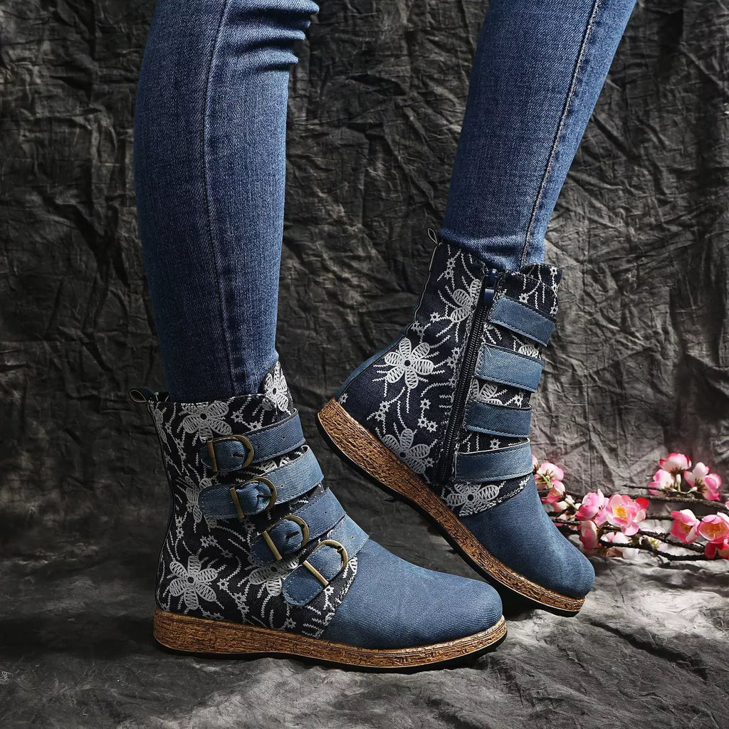 Embroidered Round Toe Boots