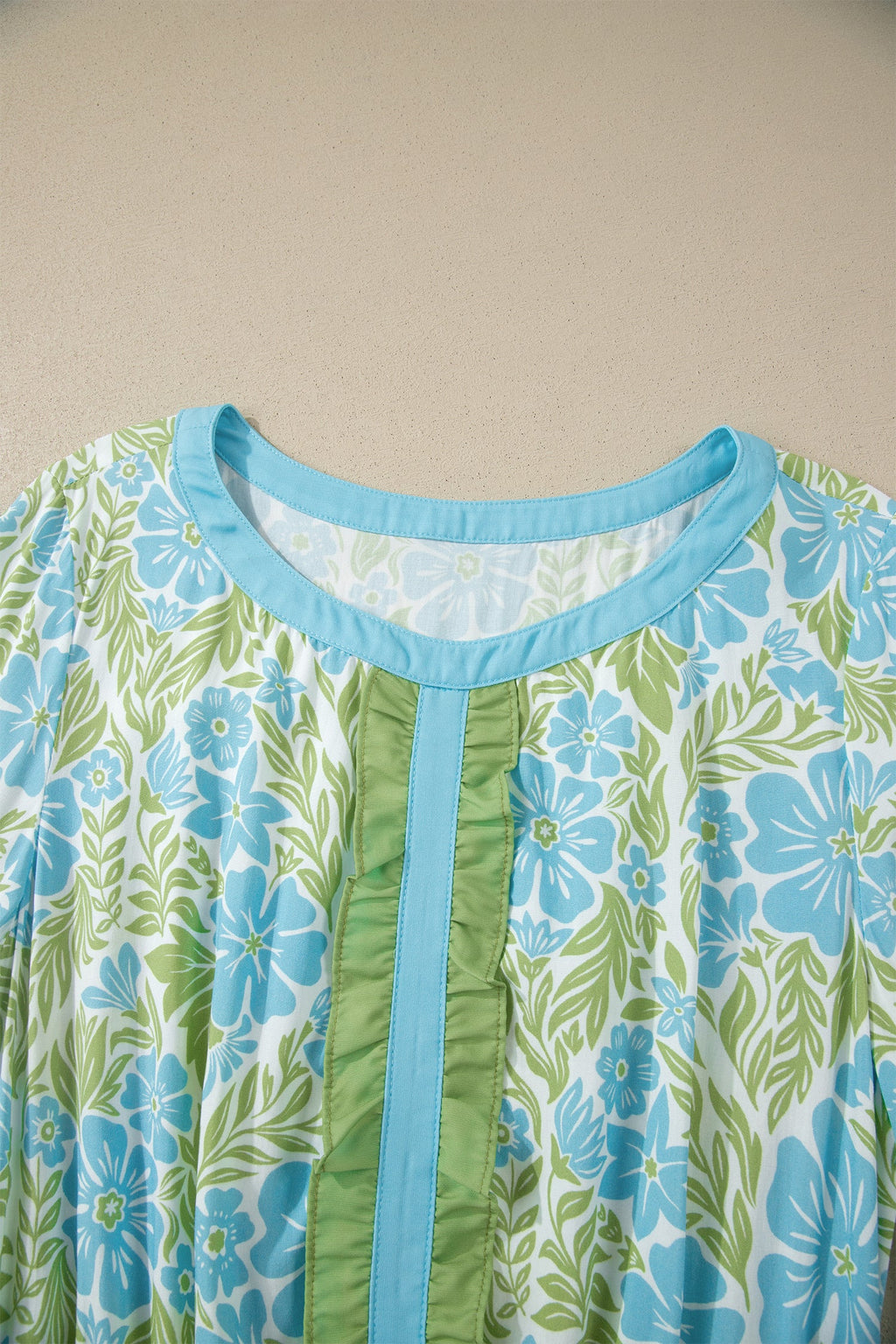 Sky Blue Floral Print High Waist Ruffle Short Sleeve Mini Dress