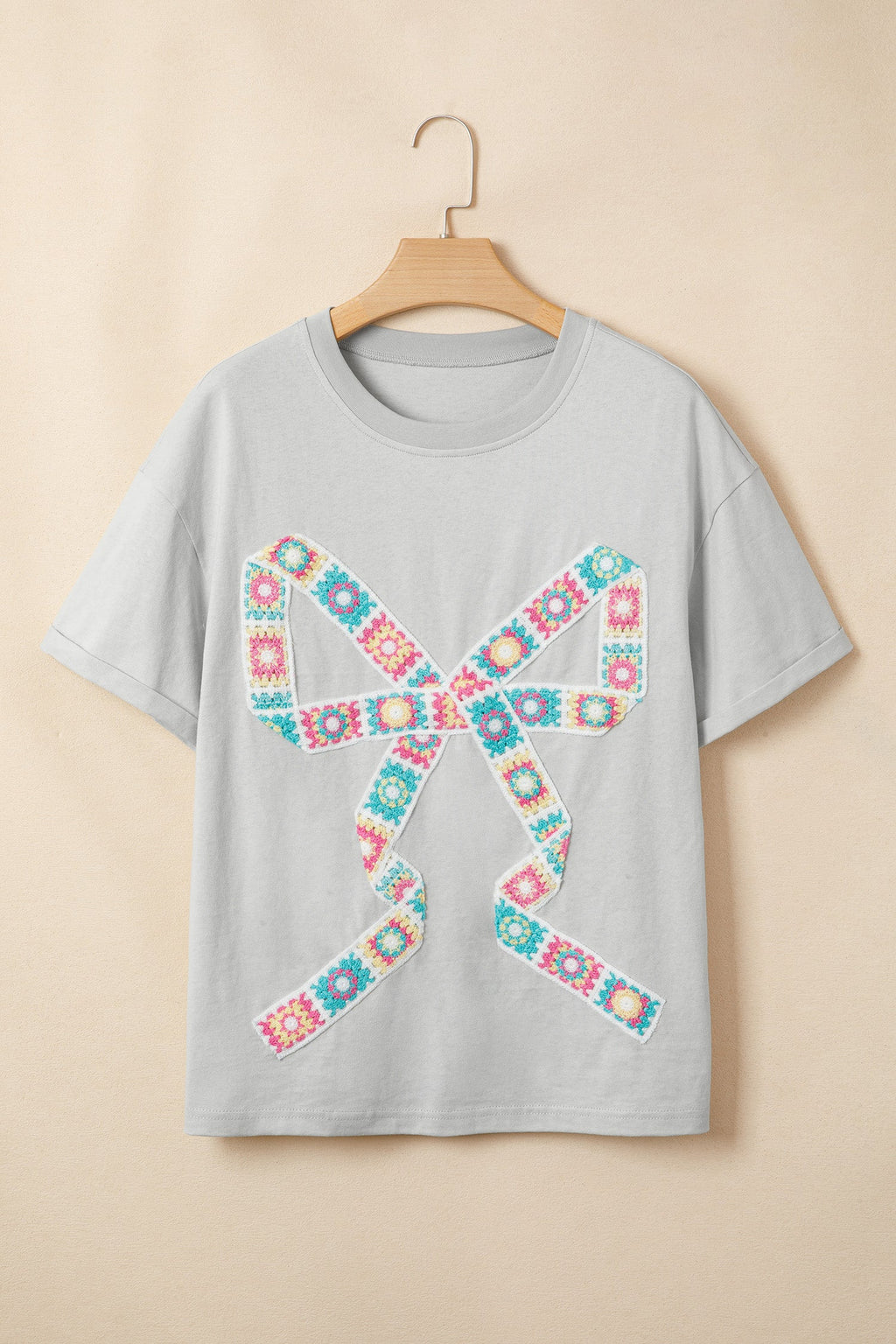 Light Grey Floral Crochet Ribbon Bow Patched Cotton T Shirt