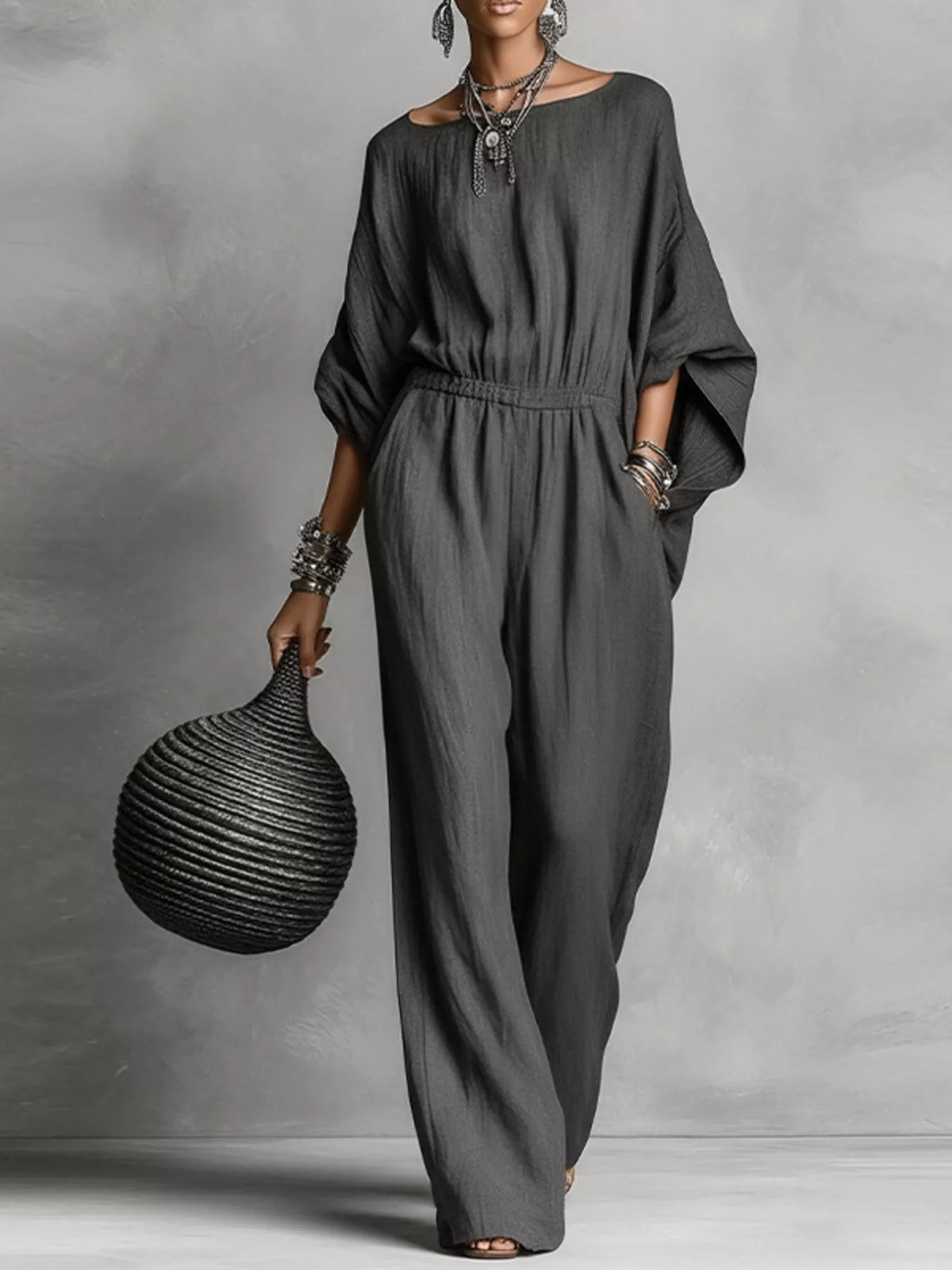Full Size Boat Neck Batwing Sleeve Wide-Leg Jumpsuit Plus Size