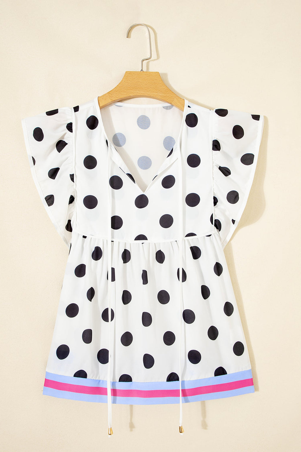 White Polka Dot Print Flutter Sleeve Striped Patchwork Babydoll Blouse