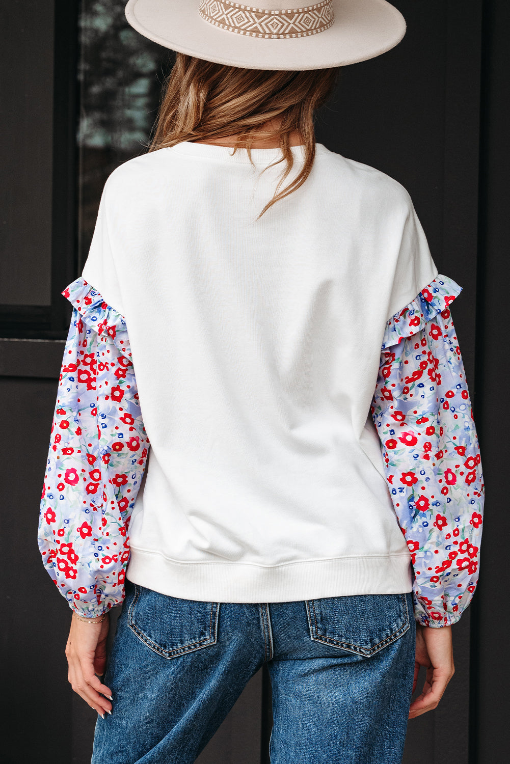 Floral Patchwork Ruffle Balloon Sleeve Blouse