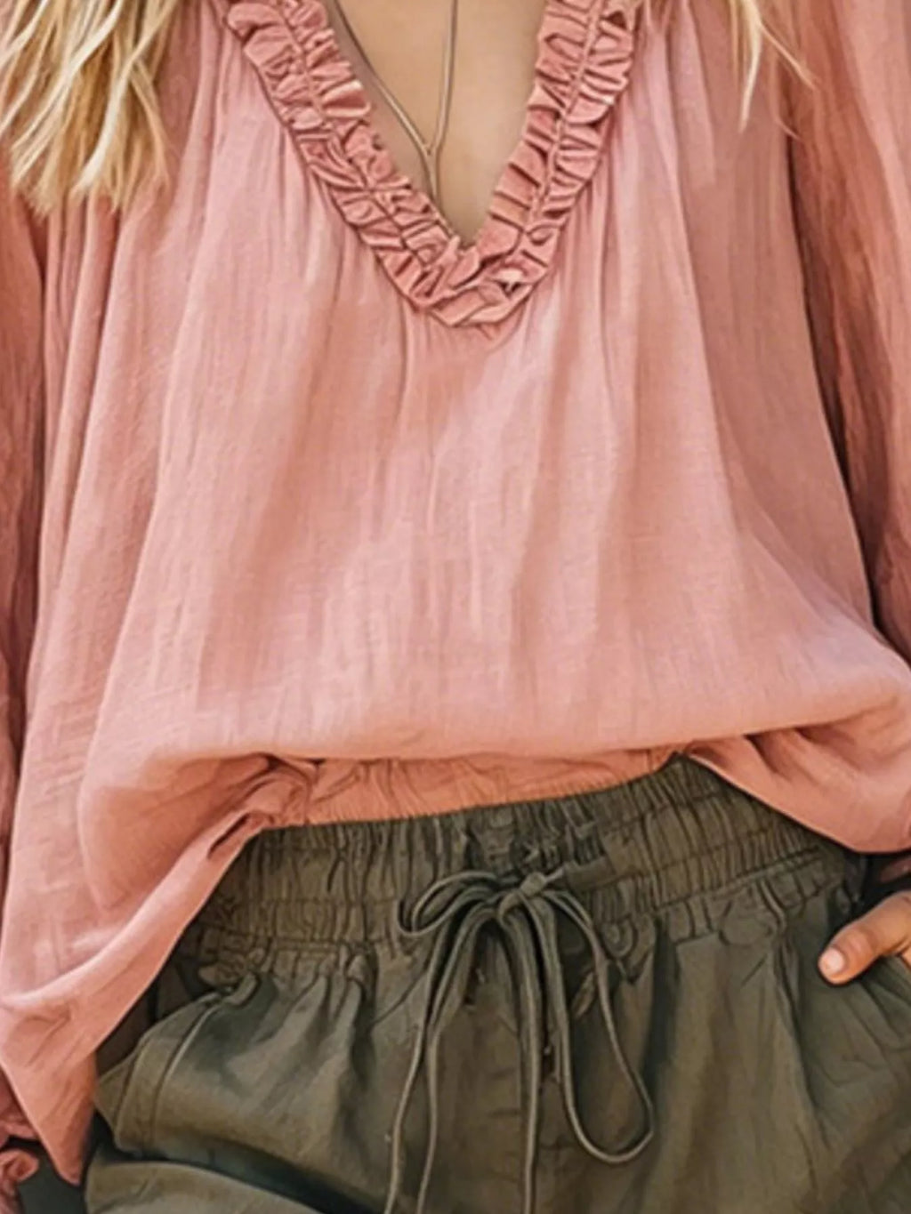 Frill V-Neck Long Sleeve Blouse