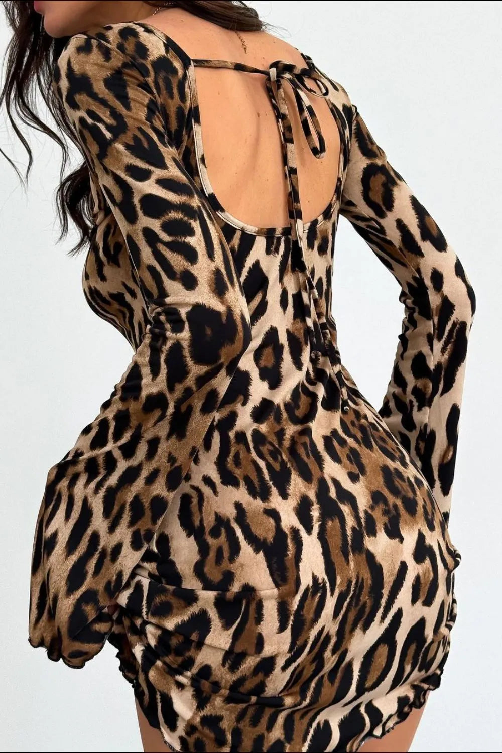 Backless Leopard Print Long Sleeve Mini Dress