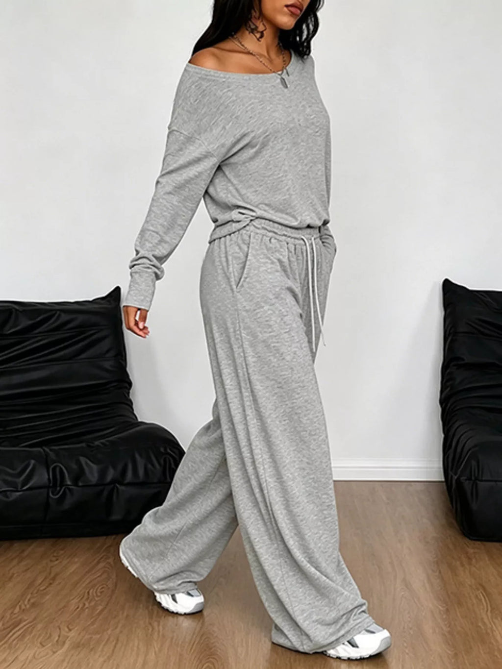 Full Size One-Shoulder Top and Drawstring Pants Set Plus Size