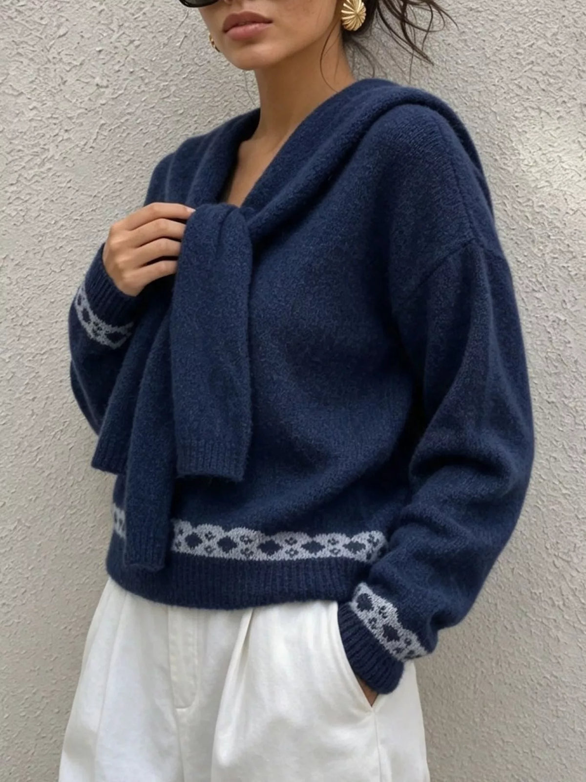 Scarf Detail Dropped Shoulder Sweater