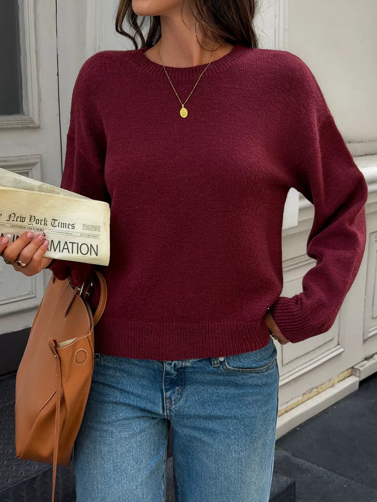 Crew Neck Dropped Shoulder Sweater