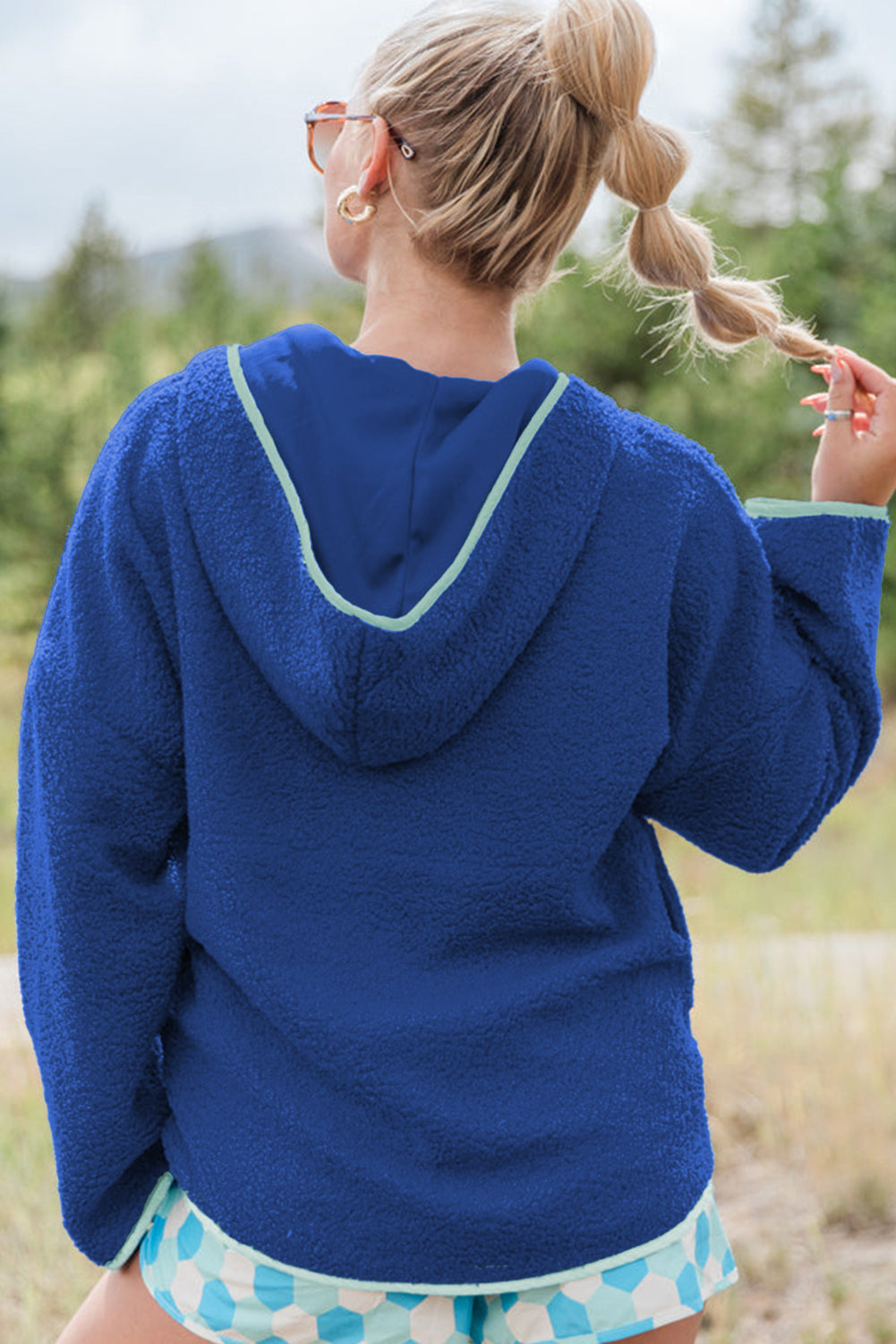 Sky Blue Sherpa Half Zip Contrast Trim Pullover Hoodie