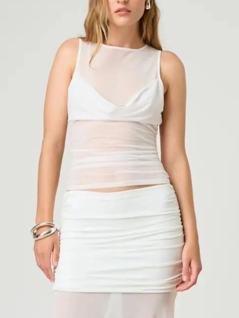 Semi-Sheer Ruched Round Neck Tank Top