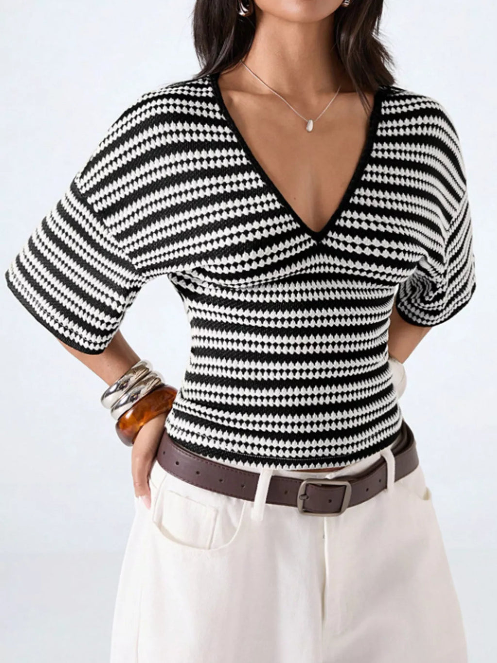 Striped V-Neck Knit Top