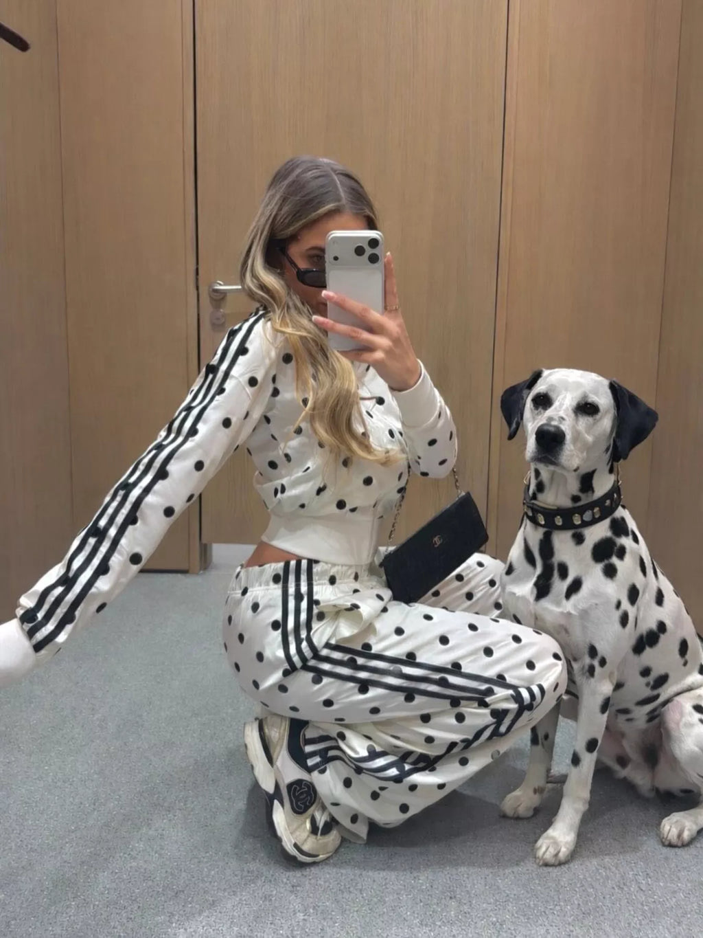 Polka Dot Side Striped Outerwear and Pants Set