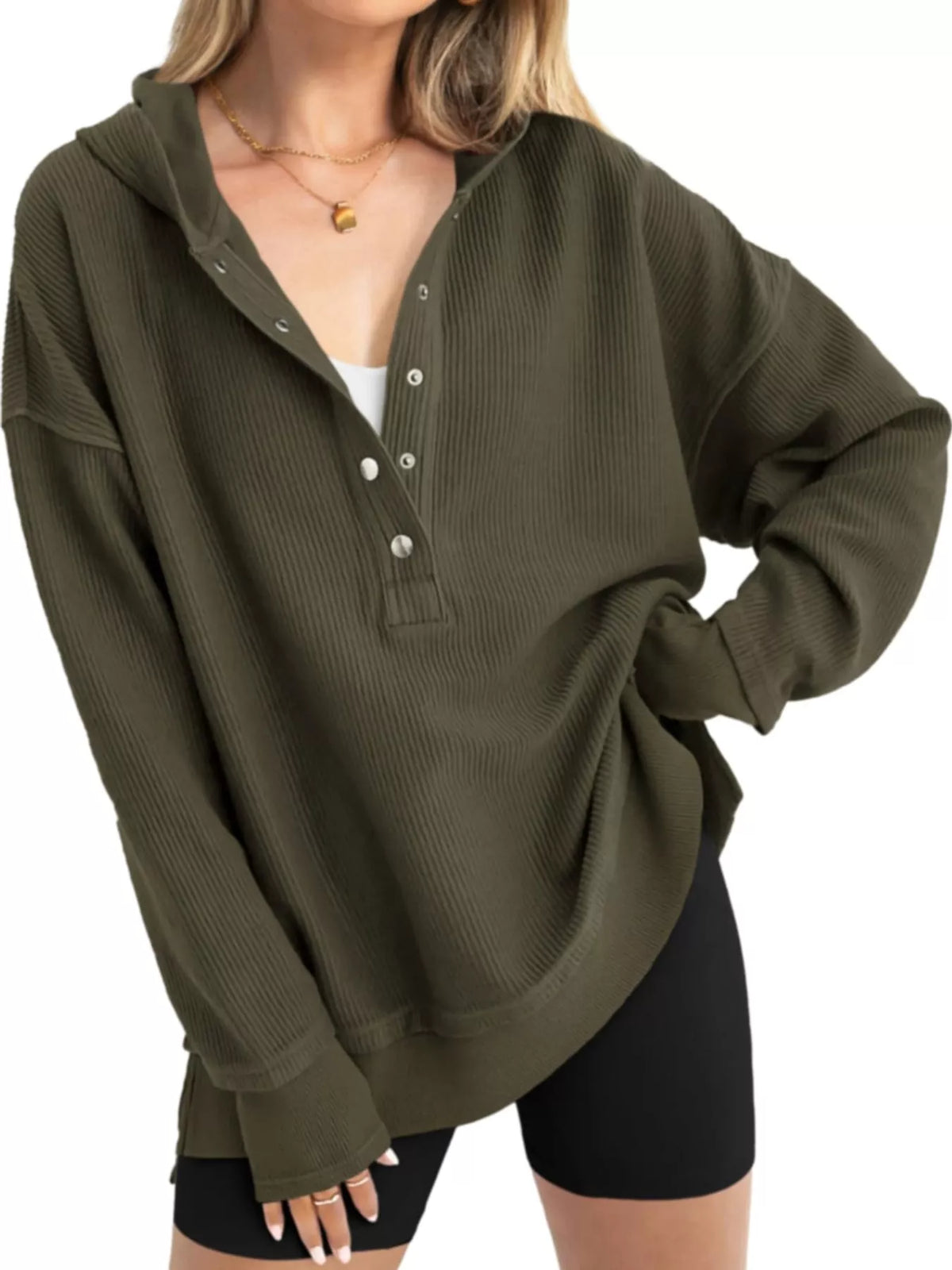 Full Size Snap Button Placket Dropped Shoulder Hoodie Plus Size