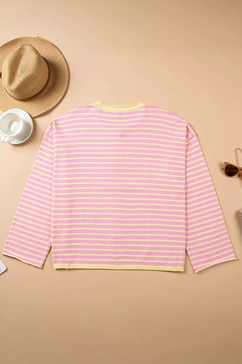 Plus Size Striped Long Sleeve Button Detail Sweater