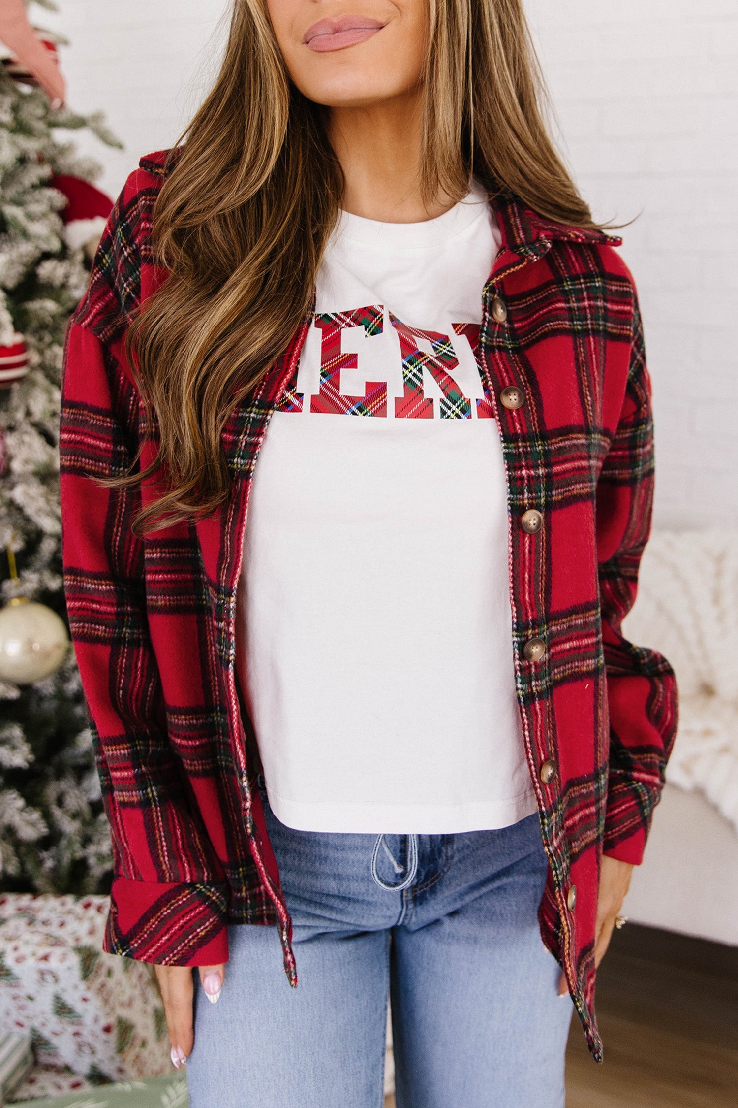 Red Plaid Button Front Shacket
