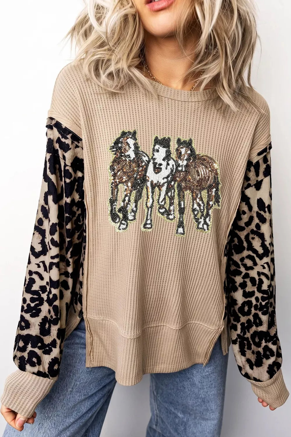 Sequined Western Horse Graphic Leopard Sleeve Patchwork Waffle Knit Top