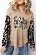Sequined Western Horse Graphic Leopard Sleeve Patchwork Waffle Knit Top