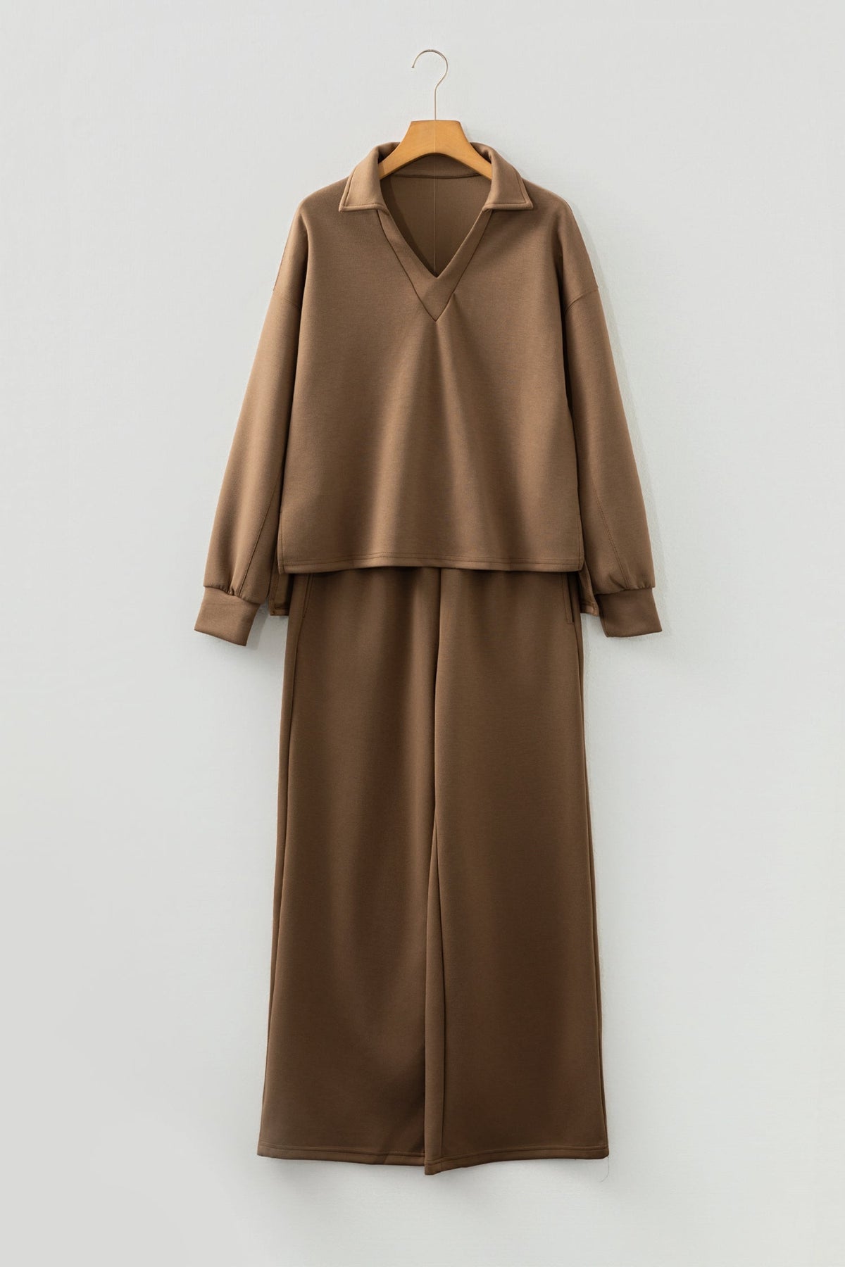 Solid V-Neck Top and High Waist Pants Set