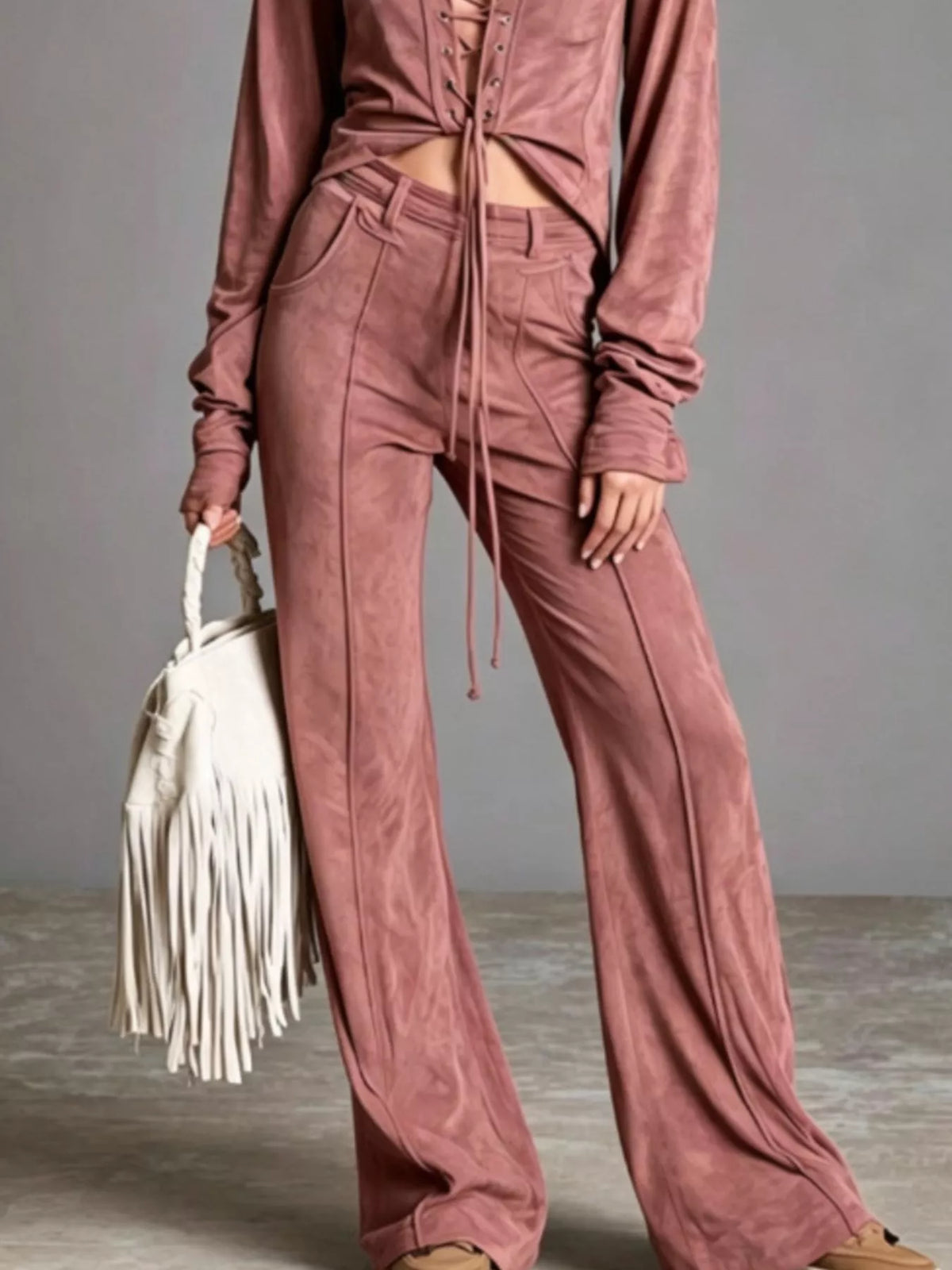 Full Size Lace-Up Long Sleeve Top and Wide-Leg Pants Set Plus Size