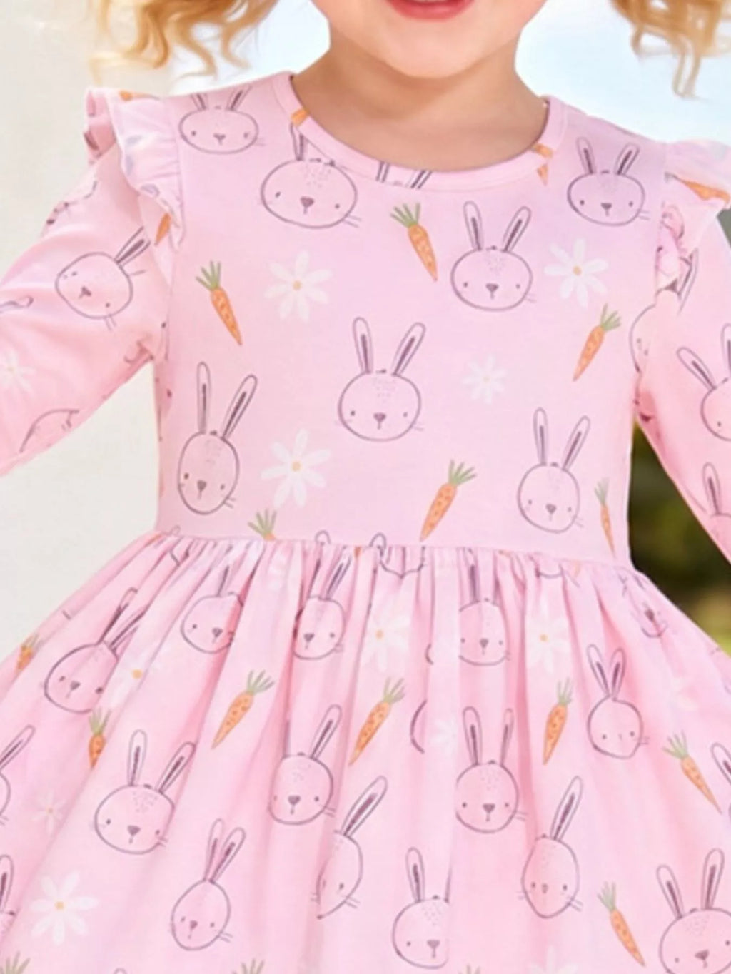 Children's Bunny and Carrot Print Ruffle Sleeve A-Line Dress