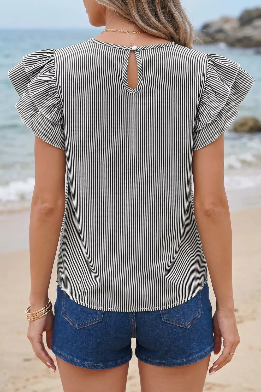 Stripe Striped Ruffle Sleeve Short Sleeve Round Neck Casual Shift Blouse