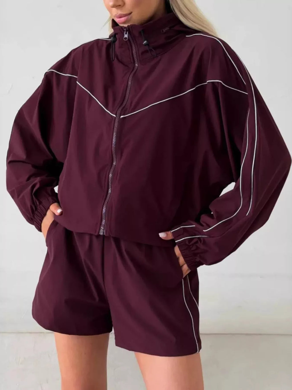 Drawstring Zip-Up Jacket and Shorts Set