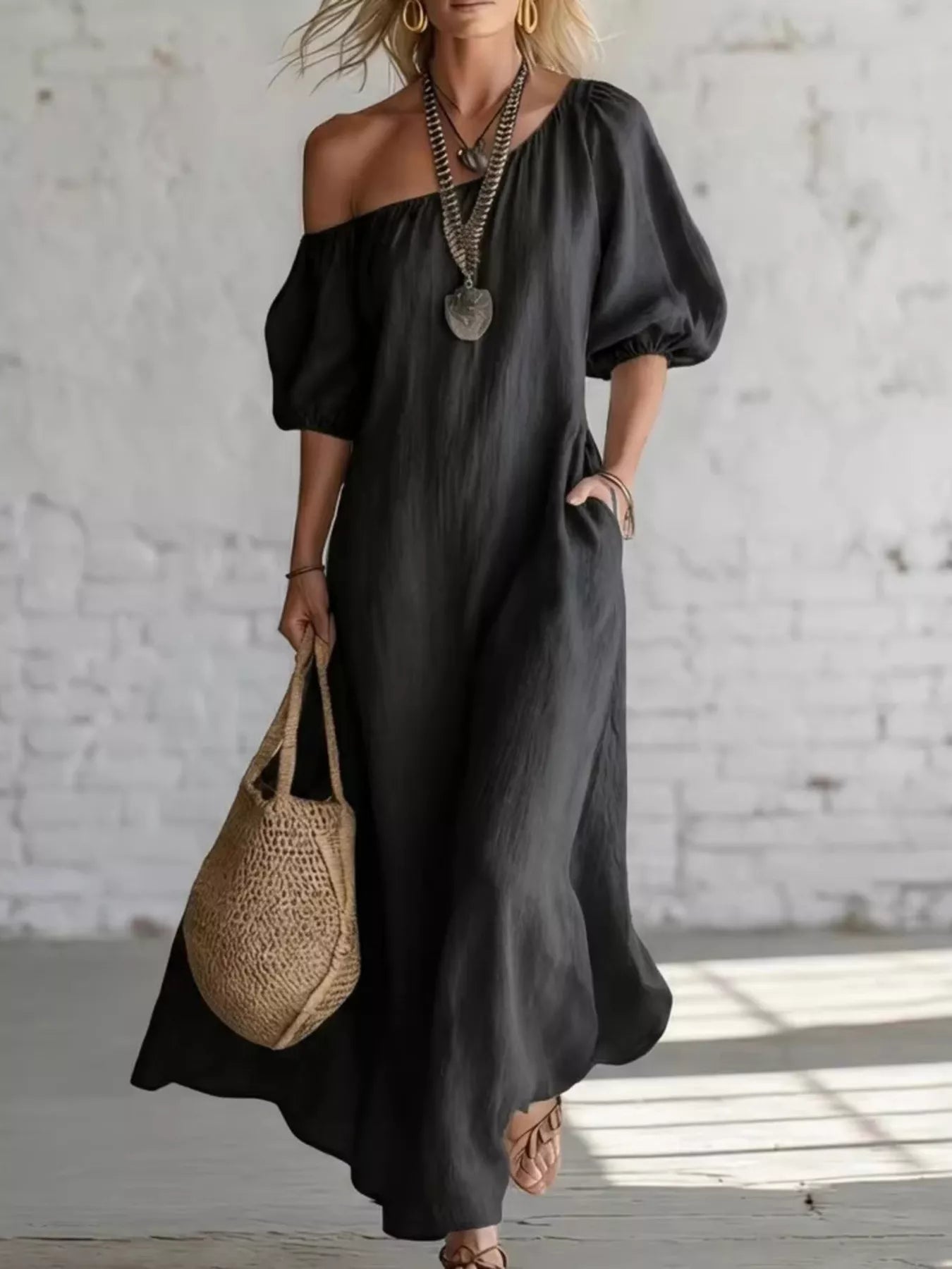 One-Shoulder Puff Sleeve Maxi Dress
