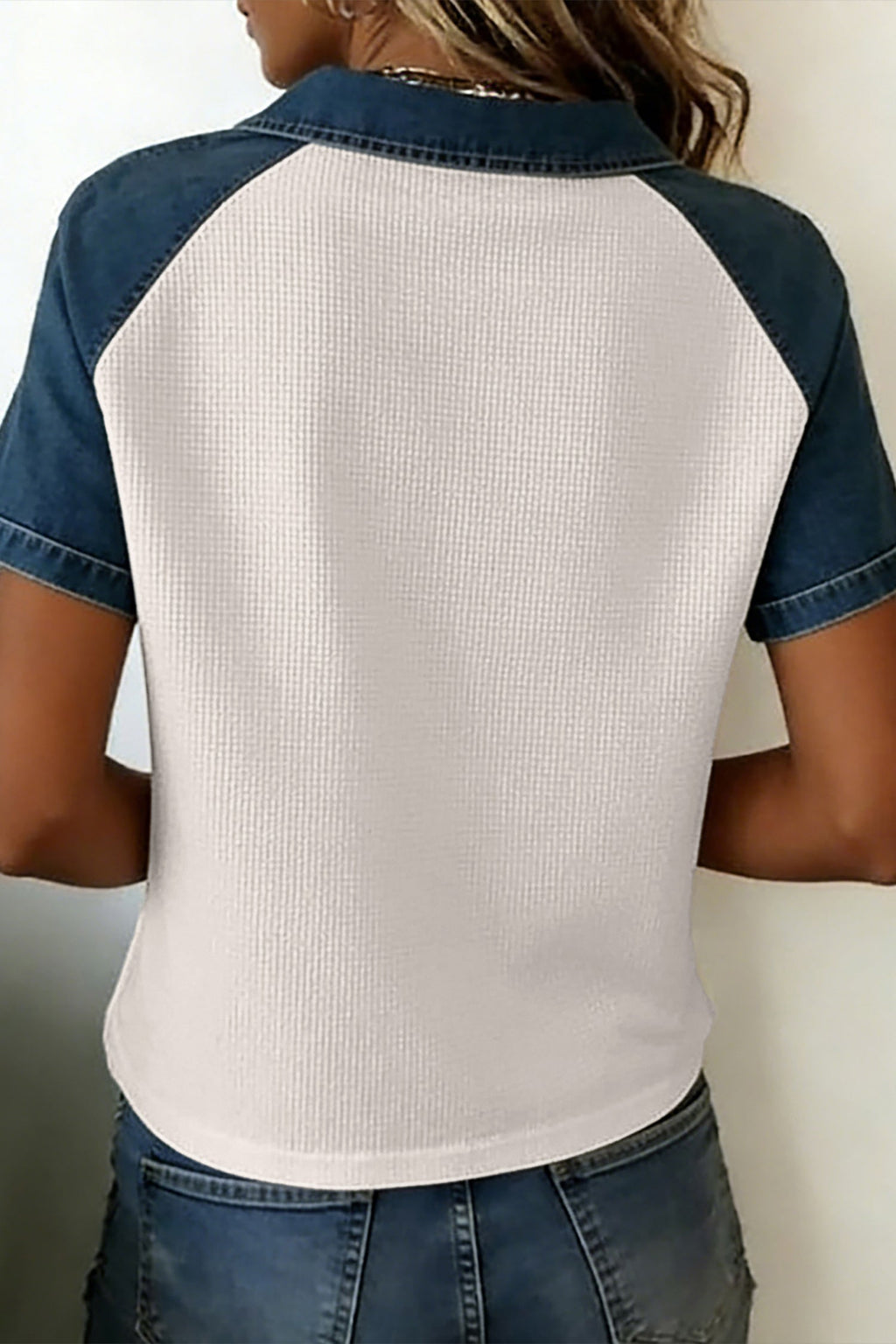 White Textured Color Block Denim Patchwork Polo Collar Tee