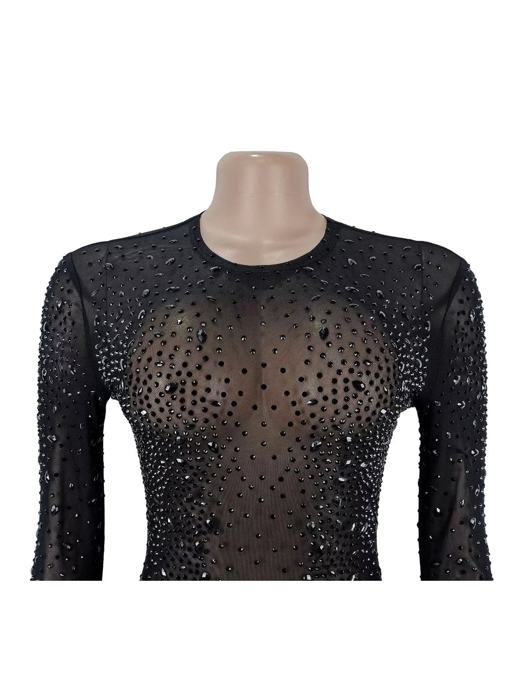 Sheer Mesh Rhinestone Embellished Long Sleeve Evening Dress