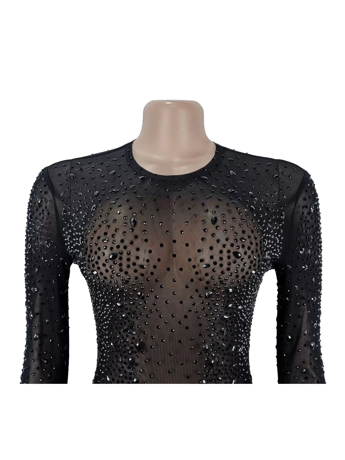 Sheer Mesh Rhinestone Embellished Long Sleeve Evening Dress