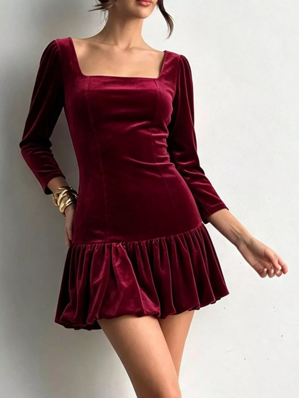 Christmas Velvet Square Neck Mini Dress with Ruffled Hem