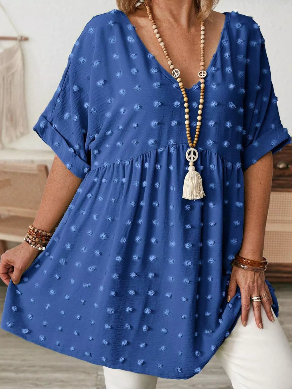 Plus Size Swiss Dot V-Neck Casual Blouse
